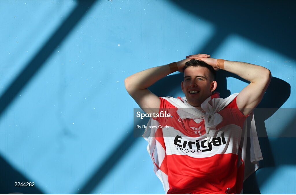 29 May 2022; Shea Downey of Derry in the dressing room after the Ulster GAA Football Senior Championship Final between Derry and Donegal at St Tiernach's Park in Clones, Monaghan. Photo by Ramsey Cardy/Sportsfile