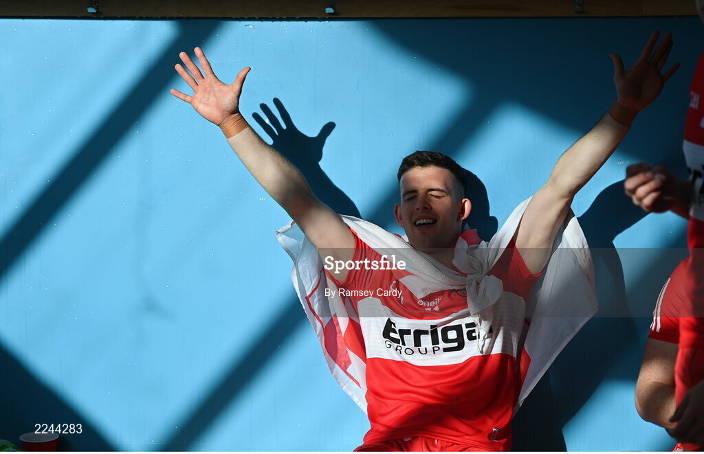 29 May 2022; Shea Downey of Derry in the dressing room after the Ulster GAA Football Senior Championship Final between Derry and Donegal at St Tiernach's Park in Clones, Monaghan. Photo by Ramsey Cardy/Sportsfile