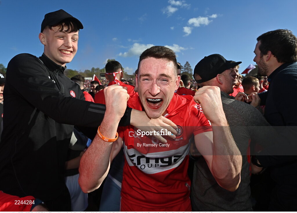 29 May 2022; Gareth McKinless of Derry celebrates after the Ulster GAA Football Senior Championship Final between Derry and Donegal at St Tiernach's Park in Clones, Monaghan. Photo by Ramsey Cardy/Sportsfile