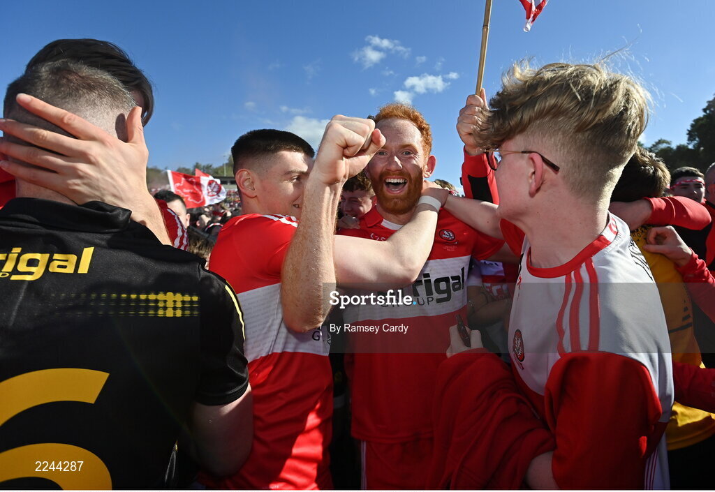 29 May 2022; Conor Glass of Derry celebrates after the Ulster GAA Football Senior Championship Final between Derry and Donegal at St Tiernach's Park in Clones, Monaghan. Photo by Ramsey Cardy/Sportsfile