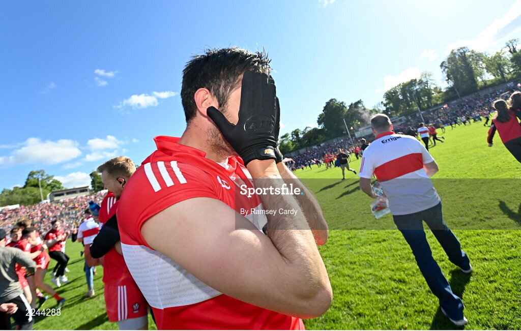 29 May 2022; Christopher McKaigue of Derry celebrates after the Ulster GAA Football Senior Championship Final between Derry and Donegal at St Tiernach's Park in Clones, Monaghan. Photo by Ramsey Cardy/Sportsfile
