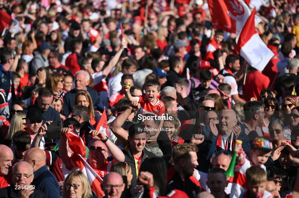 29 May 2022; Derry supporters celebrate after the Ulster GAA Football Senior Championship Final between Derry and Donegal at St Tiernach's Park in Clones, Monaghan. Photo by Stephen McCarthy/Sportsfile