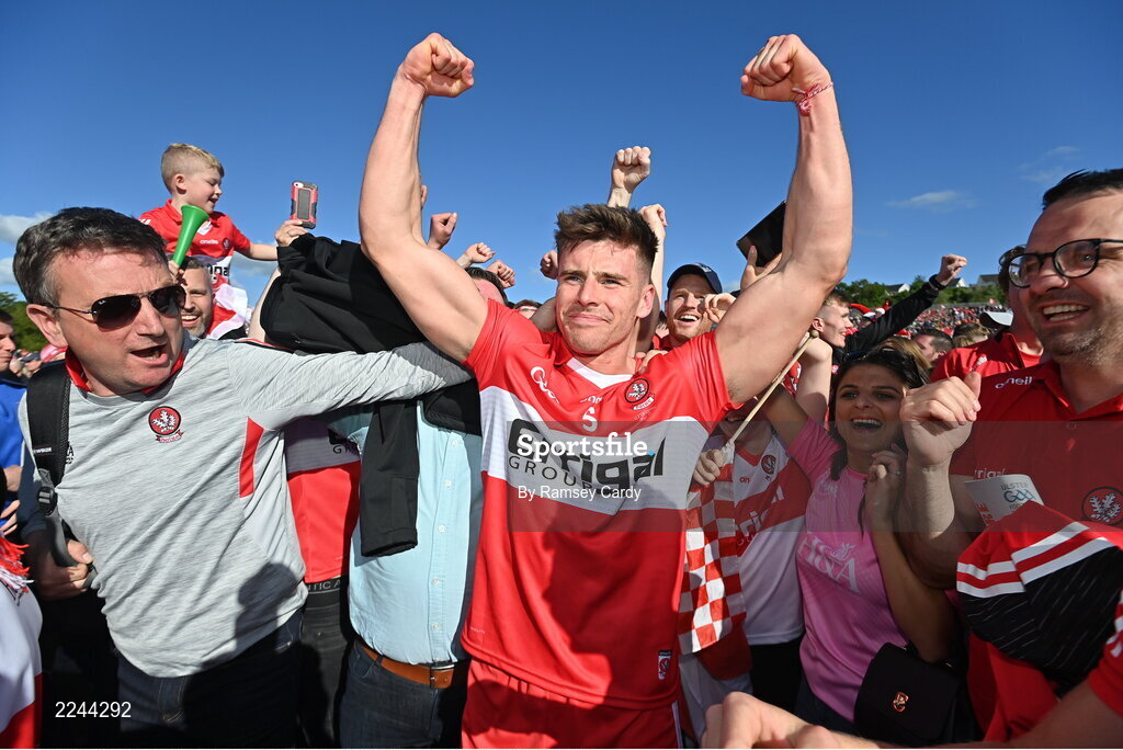 29 May 2022; Conor Doherty of Derry celebrates after the Ulster GAA Football Senior Championship Final between Derry and Donegal at St Tiernach's Park in Clones, Monaghan. Photo by Ramsey Cardy/Sportsfile
