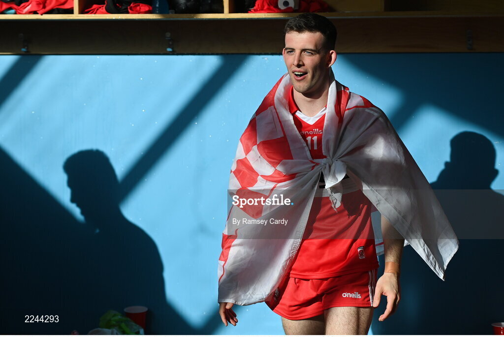 29 May 2022; Shea Downey of Derry in the dressing room after the Ulster GAA Football Senior Championship Final between Derry and Donegal at St Tiernach's Park in Clones, Monaghan. Photo by Ramsey Cardy/Sportsfile