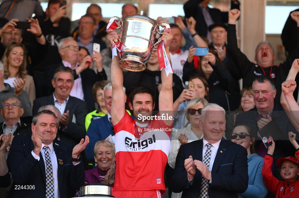 29 May 2022; Derry captain Christopher McKaigue lifts the Anglo Celt Cup after the Ulster GAA Football Senior Championship Final between Derry and Donegal at St Tiernach's Park in Clones, Monaghan. Photo by Stephen McCarthy/Sportsfile