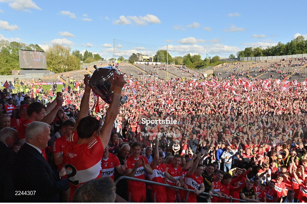 29 May 2022; Derry captain Christopher McKaigue lifts the trophy after his side's victory in the Ulster GAA Football Senior Championship Final between Derry and Donegal at St Tiernach's Park in Clones, Monaghan. Photo by Ramsey Cardy/Sportsfile