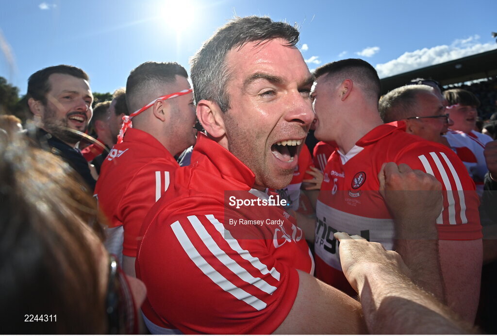 29 May 2022; Benny Heron of Derry celebrates after the Ulster GAA Football Senior Championship Final between Derry and Donegal at St Tiernach's Park in Clones, Monaghan. Photo by Ramsey Cardy/Sportsfile