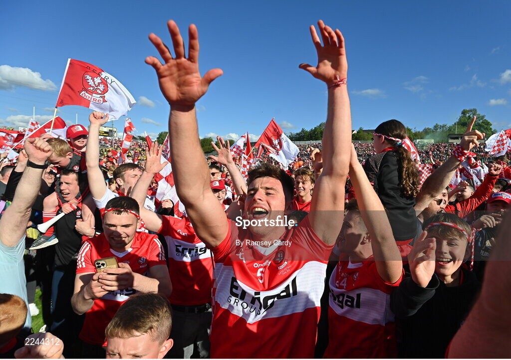 29 May 2022; Conor Doherty of Derry celebrates after the Ulster GAA Football Senior Championship Final between Derry and Donegal at St Tiernach's Park in Clones, Monaghan. Photo by Ramsey Cardy/Sportsfile