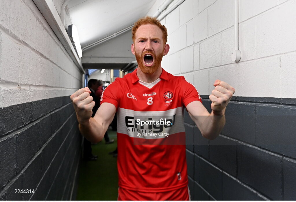 29 May 2022; Conor Glass of Derry celebrates after the Ulster GAA Football Senior Championship Final between Derry and Donegal at St Tiernach's Park in Clones, Monaghan. Photo by Ramsey Cardy/Sportsfile