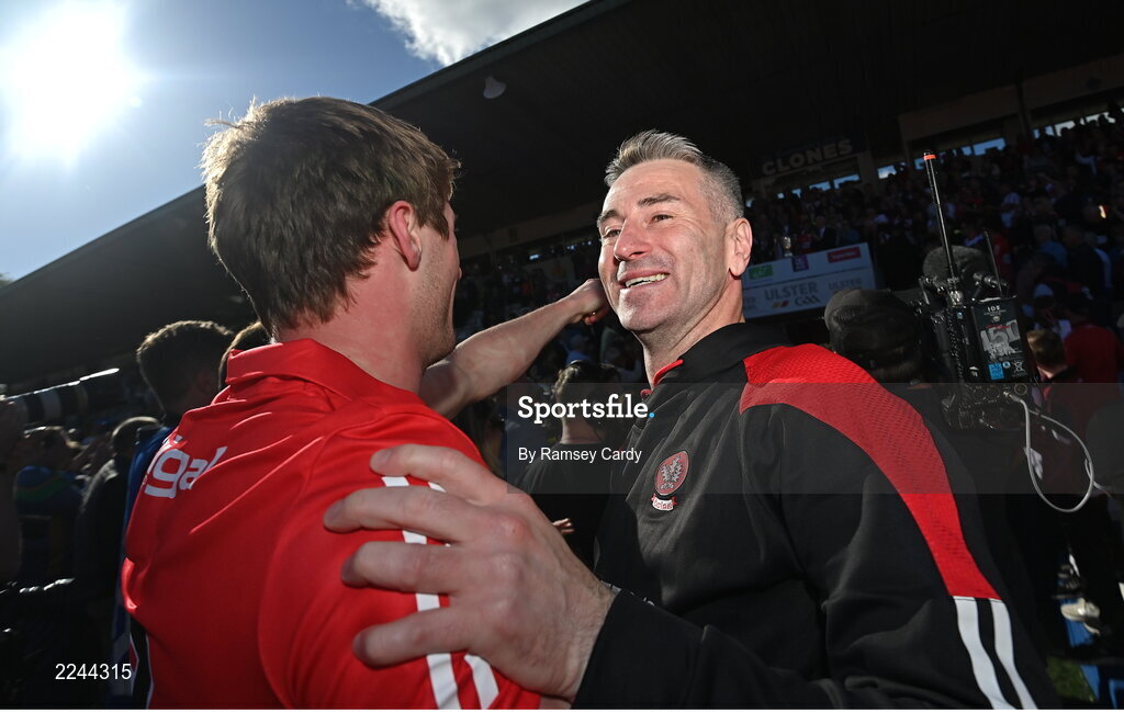 29 May 2022; Derry manager Rory Gallagher, right, and Brendan Rogers of Derry after the Ulster GAA Football Senior Championship Final between Derry and Donegal at St Tiernach's Park in Clones, Monaghan. Photo by Ramsey Cardy/Sportsfile