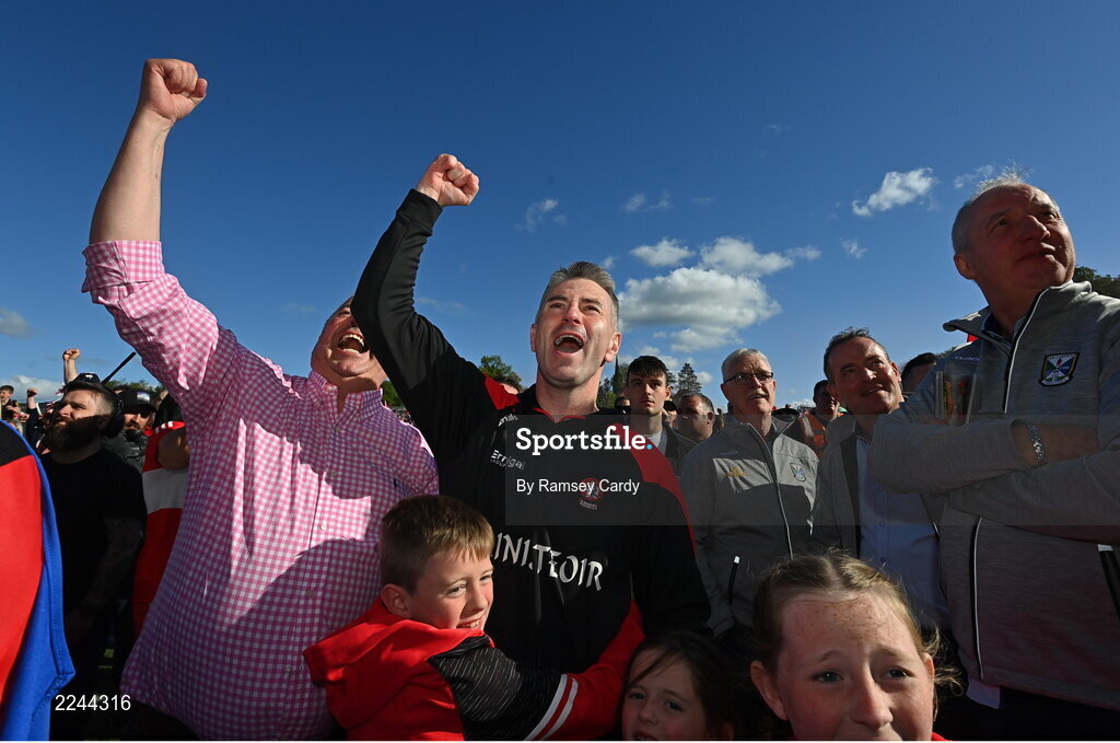 29 May 2022; Derry manager Rory Gallagher celebrates after the Ulster GAA Football Senior Championship Final between Derry and Donegal at St Tiernach's Park in Clones, Monaghan. Photo by Ramsey Cardy/Sportsfile