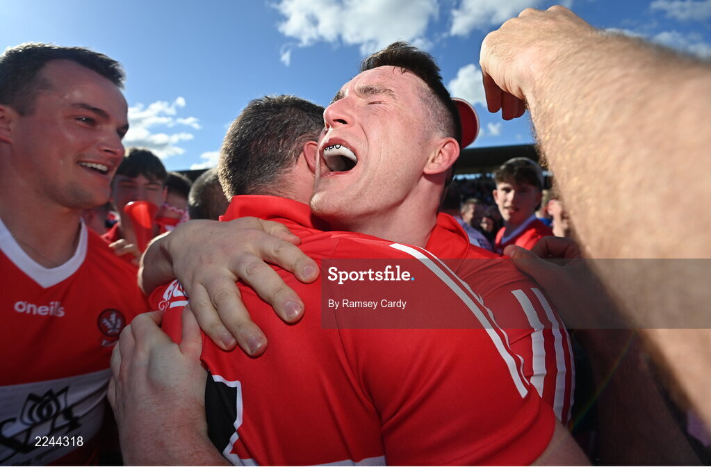 29 May 2022; Gareth McKinless of Derry celebrates after the Ulster GAA Football Senior Championship Final between Derry and Donegal at St Tiernach's Park in Clones, Monaghan. Photo by Ramsey Cardy/Sportsfile