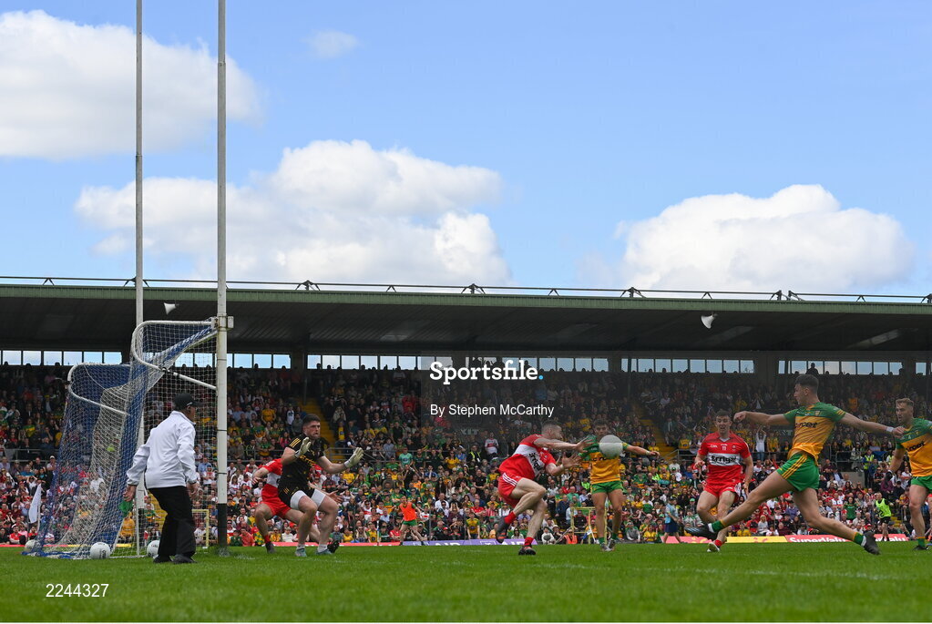 29 May 2022; Michael Langan of Donegal has a shot on goal during the Ulster GAA Football Senior Championship Final between Derry and Donegal at St Tiernach's Park in Clones, Monaghan. Photo by Stephen McCarthy/Sportsfile