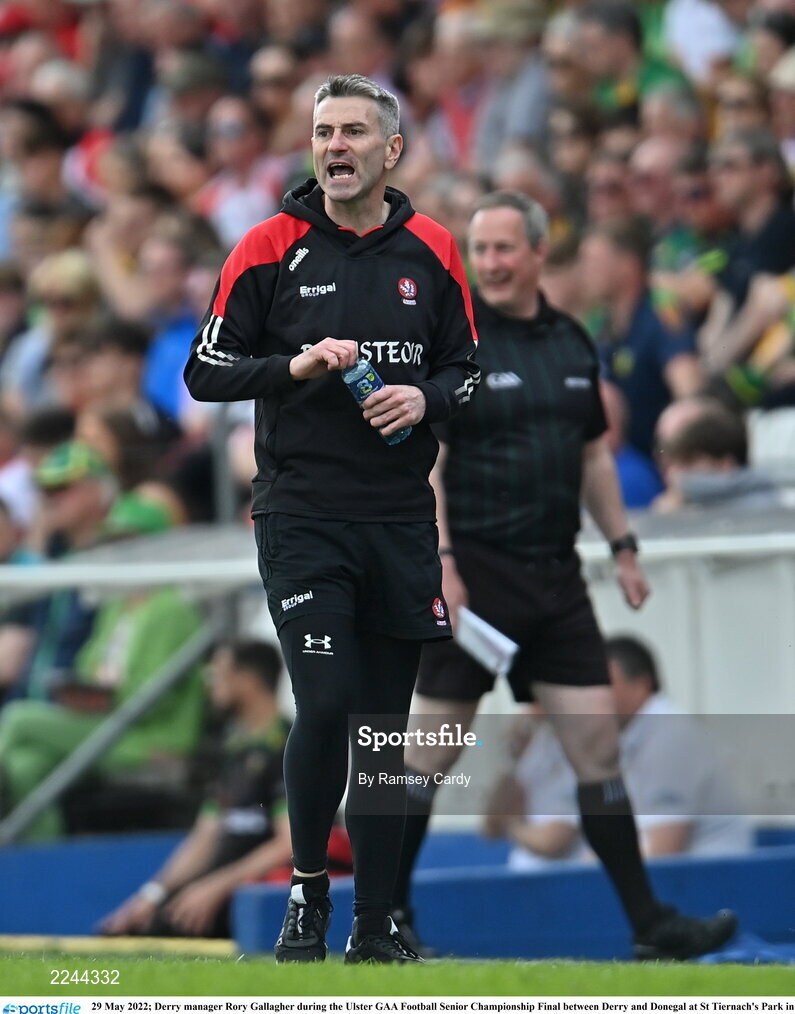 29 May 2022; Derry manager Rory Gallagher during the Ulster GAA Football Senior Championship Final between Derry and Donegal at St Tiernach's Park in Clones, Monaghan. Photo by Ramsey Cardy/Sportsfile
