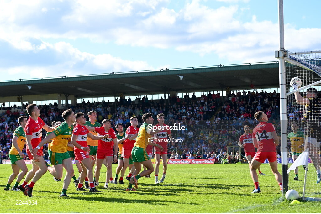 29 May 2022; Derry goalkeeper Odhran Lynch makes a save in the final moments of the Ulster GAA Football Senior Championship Final between Derry and Donegal at St Tiernach's Park in Clones, Monaghan. Photo by Ramsey Cardy/Sportsfile