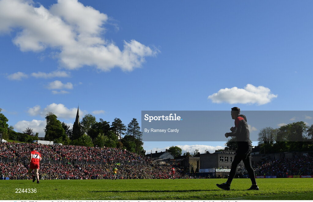 29 May 2022; Derry manager Rory Gallagher during the Ulster GAA Football Senior Championship Final between Derry and Donegal at St Tiernach's Park in Clones, Monaghan. Photo by Ramsey Cardy/Sportsfile