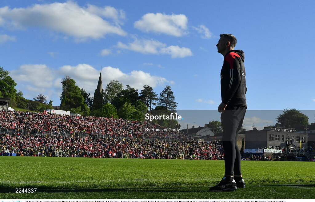 29 May 2022; Derry manager Rory Gallagher during the Ulster GAA Football Senior Championship Final between Derry and Donegal at St Tiernach's Park in Clones, Monaghan. Photo by Ramsey Cardy/Sportsfile