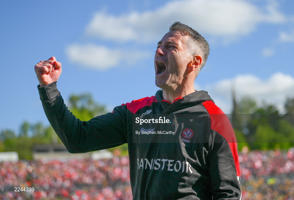 29 May 2022; Derry manager Rory Gallagher celebrates a late point during the Ulster GAA Football Senior Championship Final between Derry and Donegal at St Tiernach's Park in Clones, Monaghan. Photo by Stephen McCarthy/Sportsfile