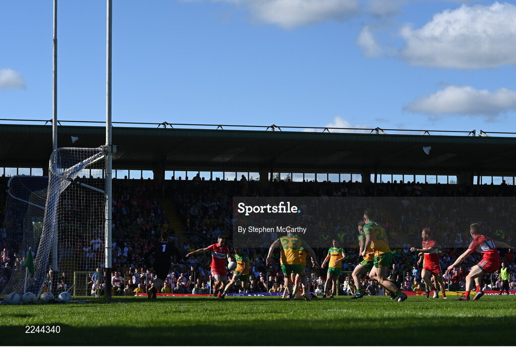 29 May 2022; Benny Heron of Derry bears down on goal during the Ulster GAA Football Senior Championship Final between Derry and Donegal at St Tiernach's Park in Clones, Monaghan. Photo by Stephen McCarthy/Sportsfile