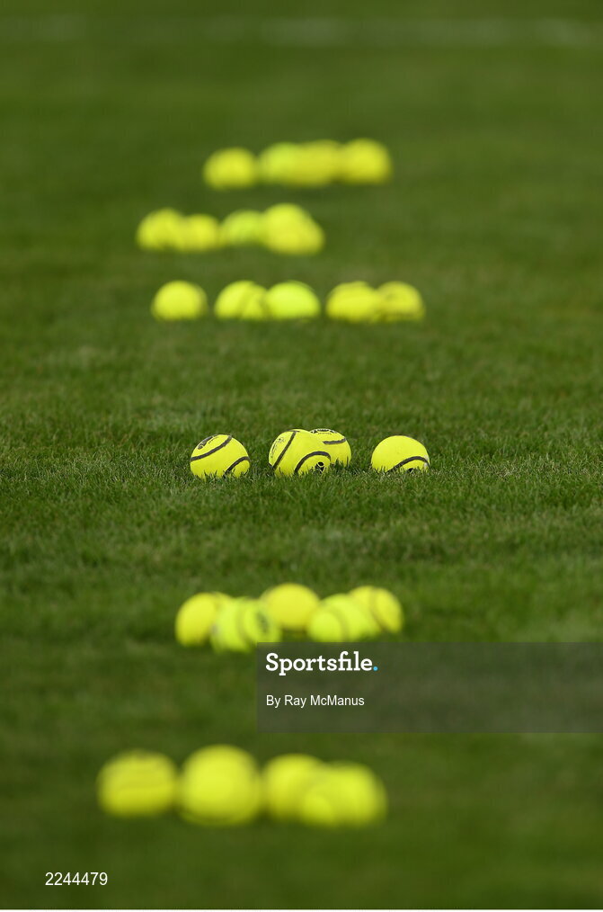 15 May 2022; Sliotars on the pitch before the Munster GAA Hurling Senior Championship Round 4 match between Clare and Limerick at Cusack Park in Ennis, Clare. Photo by Ray McManus/Sportsfile