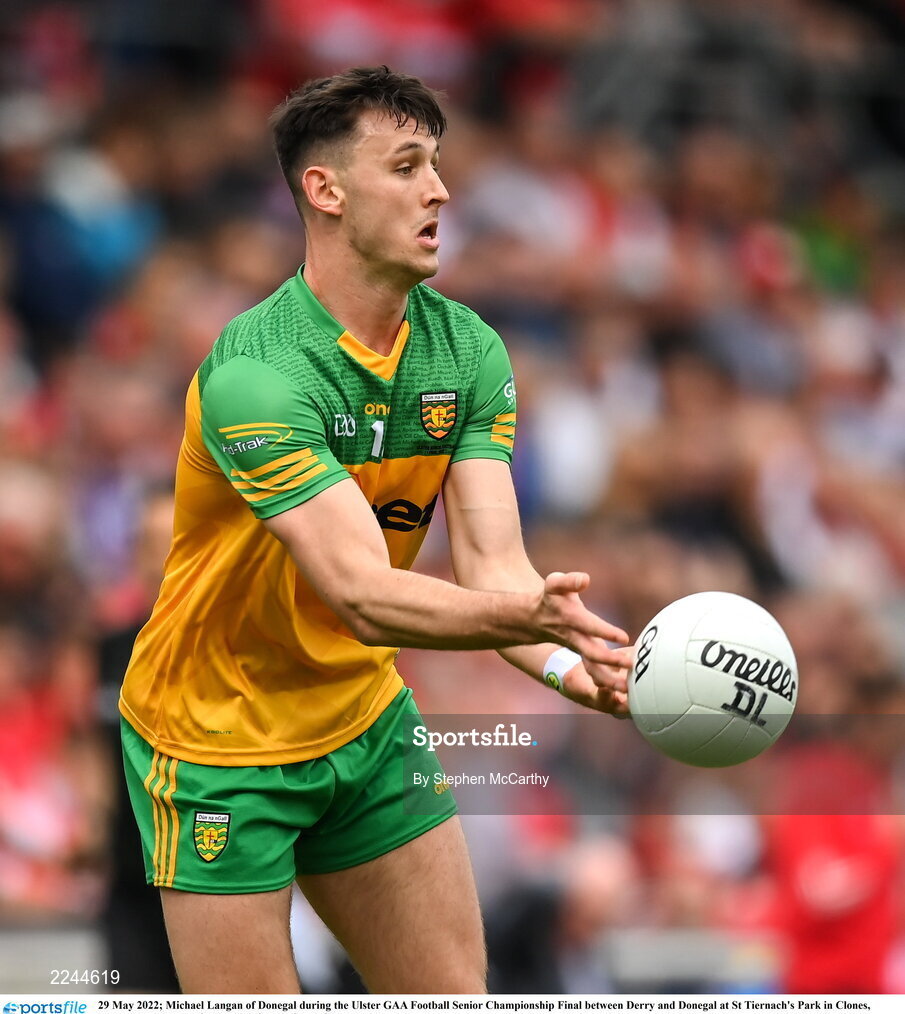 29 May 2022; Michael Langan of Donegal during the Ulster GAA Football Senior Championship Final between Derry and Donegal at St Tiernach's Park in Clones, Monaghan. Photo by Stephen McCarthy/Sportsfile