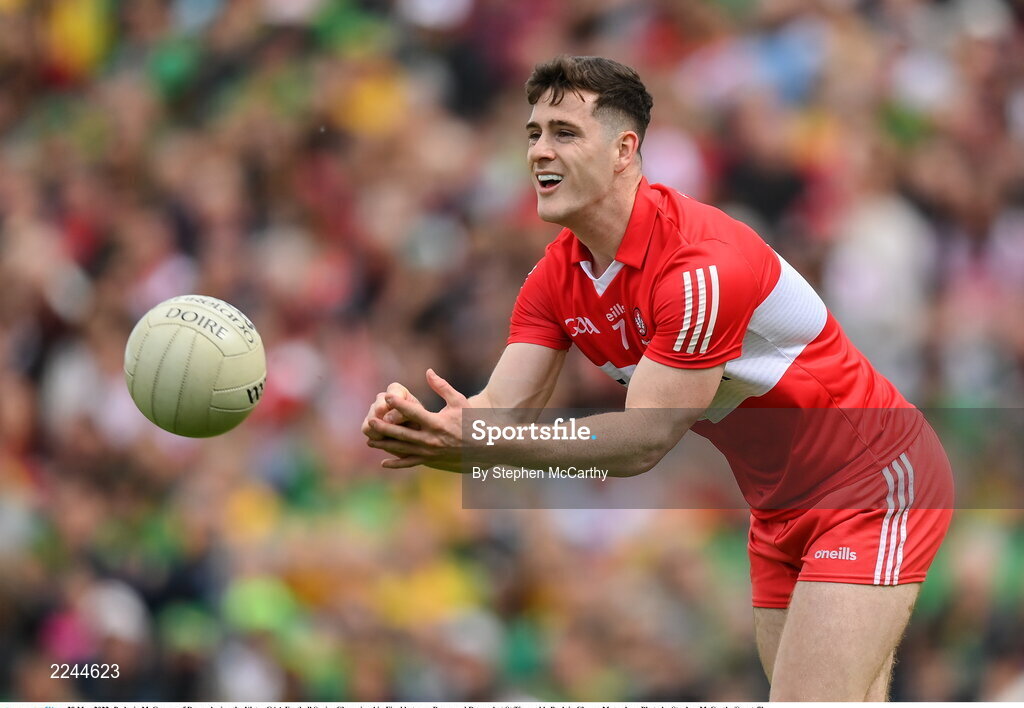 29 May 2022; Padraig McGrogan of Derry during the Ulster GAA Football Senior Championship Final between Derry and Donegal at St Tiernach's Park in Clones, Monaghan. Photo by Stephen McCarthy/Sportsfile