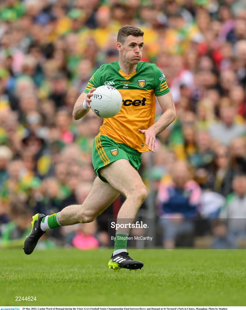 29 May 2022; Caolan Ward of Donegal during the Ulster GAA Football Senior Championship Final between Derry and Donegal at St Tiernach's Park in Clones, Monaghan. Photo by Stephen McCarthy/Sportsfile