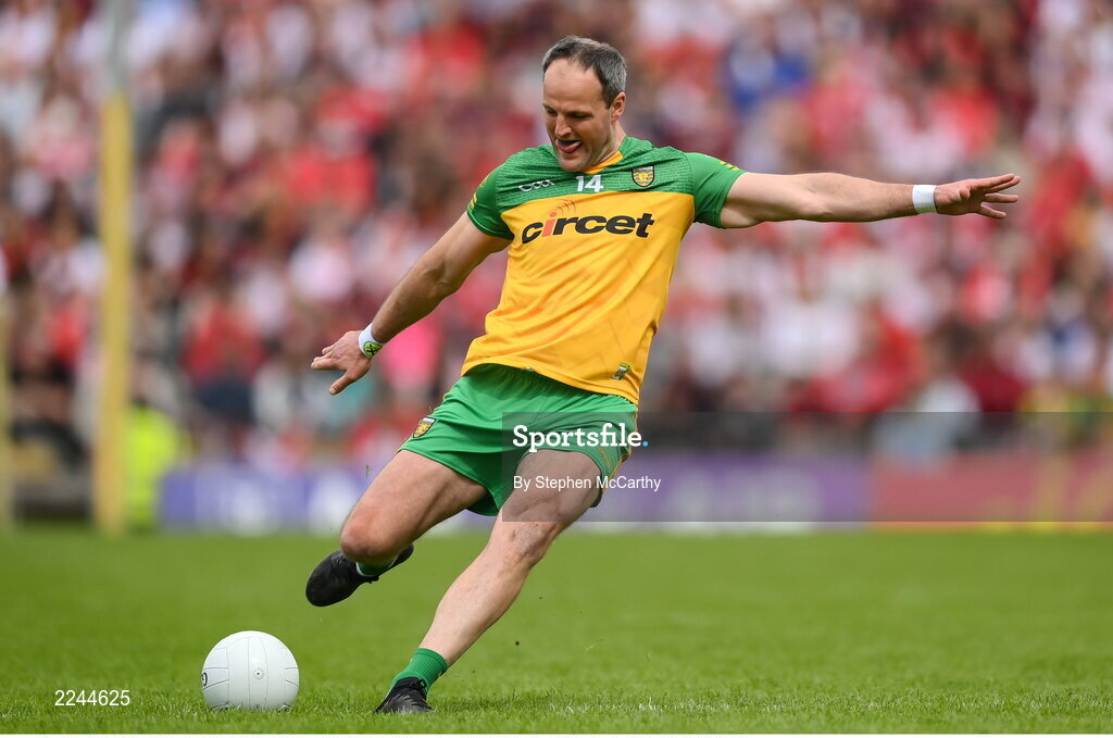 29 May 2022; Michael Murphy of Donegal kicks a free during the Ulster GAA Football Senior Championship Final between Derry and Donegal at St Tiernach's Park in Clones, Monaghan. Photo by Stephen McCarthy/Sportsfile