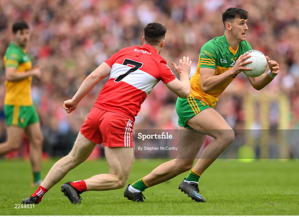 29 May 2022; Michael Langan of Donegal in action against Padraig McGrogan of Derry during the Ulster GAA Football Senior Championship Final between Derry and Donegal at St Tiernach's Park in Clones, Monaghan. Photo by Stephen McCarthy/Sportsfile