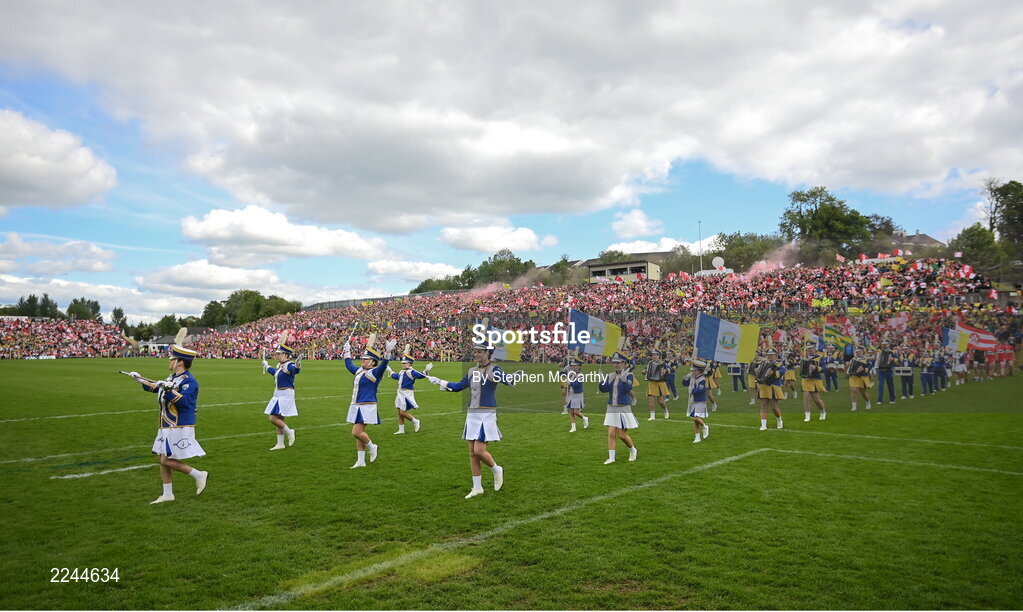 29 May 2022; Members of the Mayobridge Band, from Co Down, lead the pre-match parade before the Ulster GAA Football Senior Championship Final between Derry and Donegal at St Tiernach's Park in Clones, Monaghan. Photo by Stephen McCarthy/Sportsfile