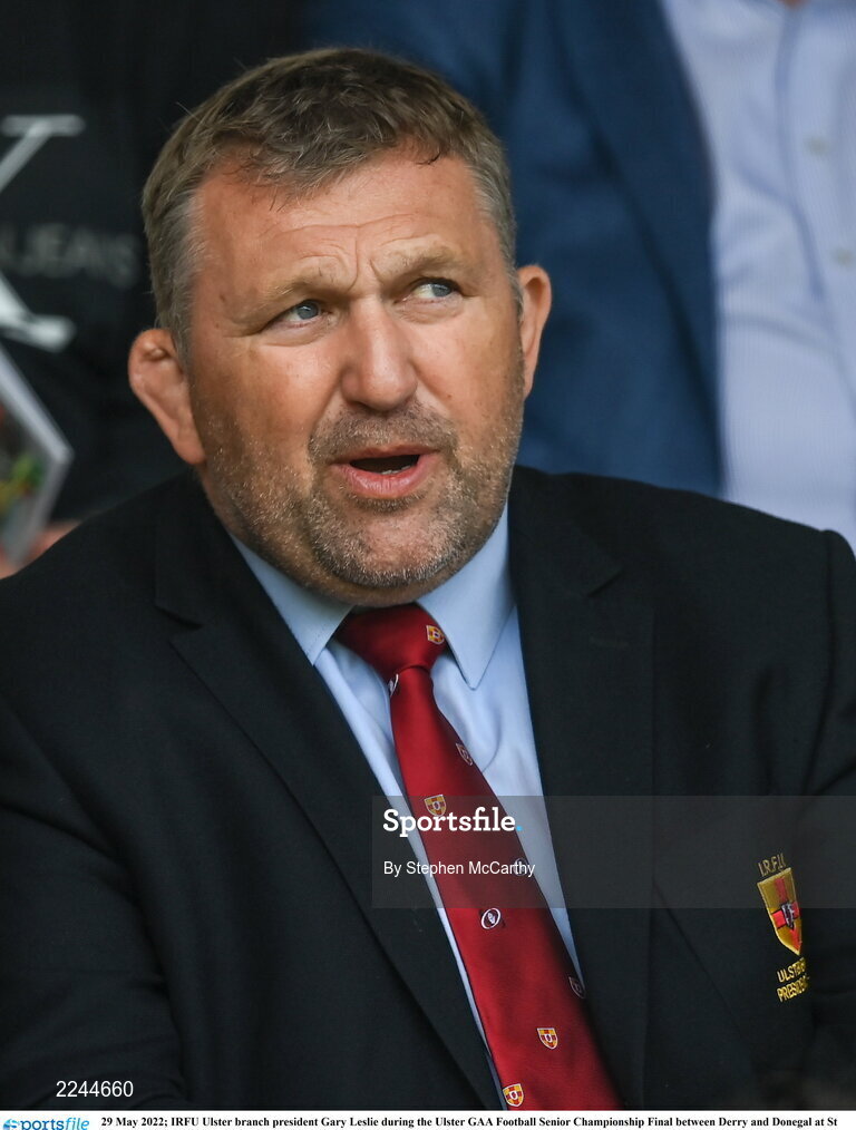 29 May 2022; IRFU Ulster branch president Gary Leslie during the Ulster GAA Football Senior Championship Final between Derry and Donegal at St Tiernach's Park in Clones, Monaghan. Photo by Stephen McCarthy/Sportsfile