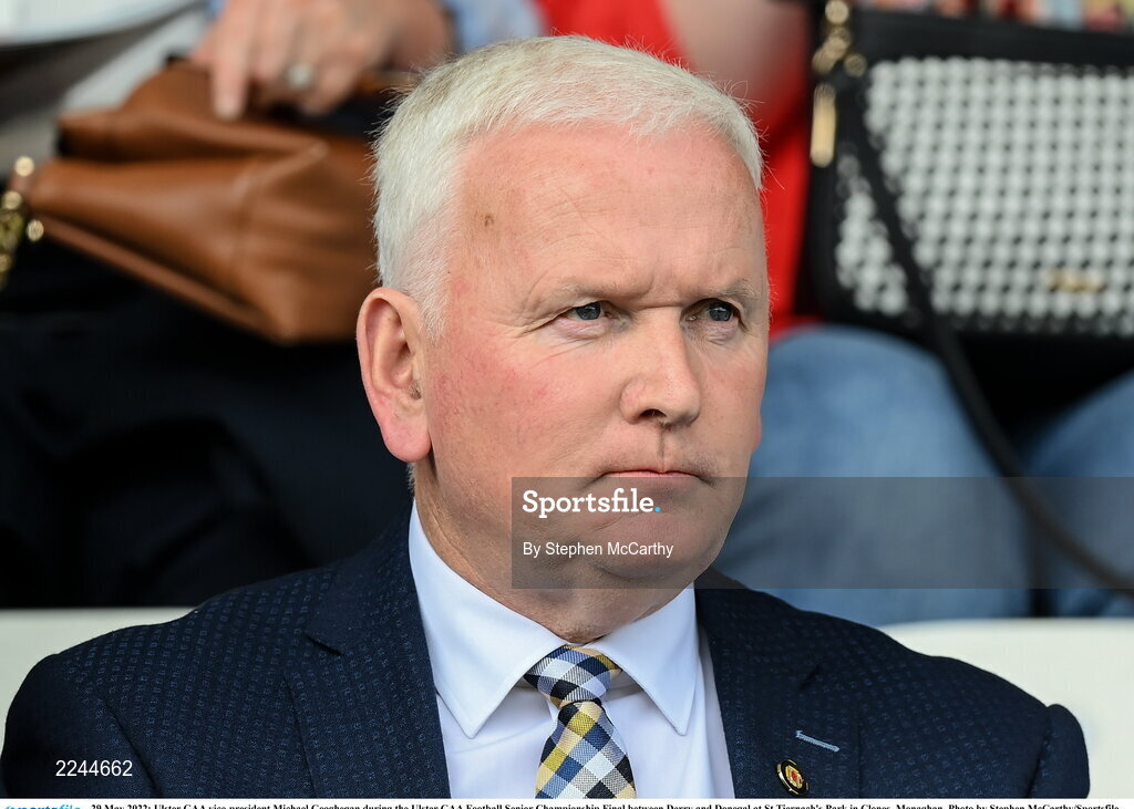 29 May 2022; Ulster GAA vice-president Michael Geoghegan during the Ulster GAA Football Senior Championship Final between Derry and Donegal at St Tiernach's Park in Clones, Monaghan. Photo by Stephen McCarthy/Sportsfile