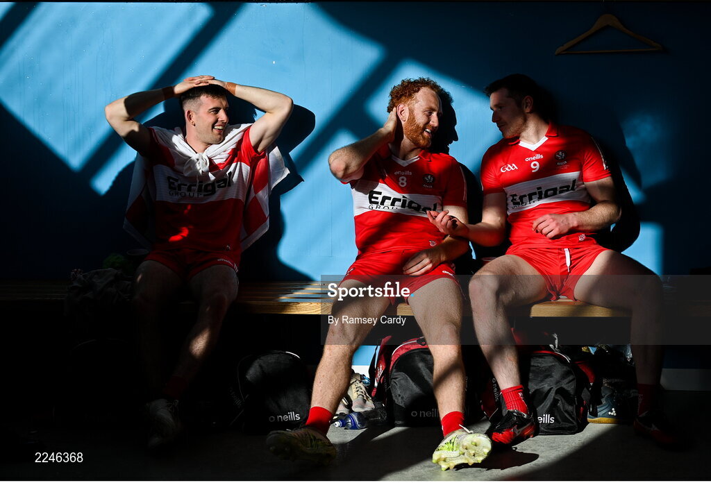 29 May 2022; Derry players, from left, Shea Downey, Conor Glass and Emmett Bradley in the dressing room after the Ulster GAA Football Senior Championship Final between Derry and Donegal at St Tiernach's Park in Clones, Monaghan. Photo by Ramsey Cardy/Sportsfile