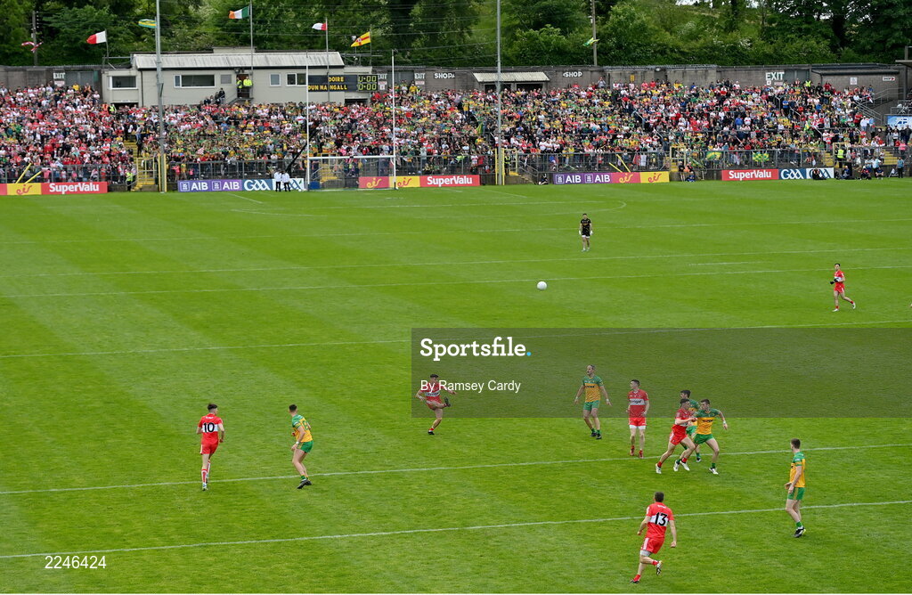 29 May 2022; Conor Doherty of Derry shoots at goal during the Ulster GAA Football Senior Championship Final between Derry and Donegal at St Tiernach's Park in Clones, Monaghan. Photo by Ramsey Cardy/Sportsfile