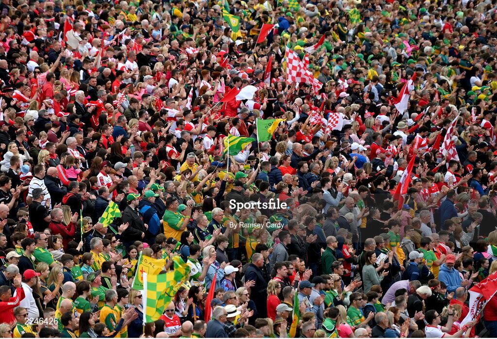 29 May 2022; A general view of supporters in the terrace during the Ulster GAA Football Senior Championship Final between Derry and Donegal at St Tiernach's Park in Clones, Monaghan. Photo by Ramsey Cardy/Sportsfile