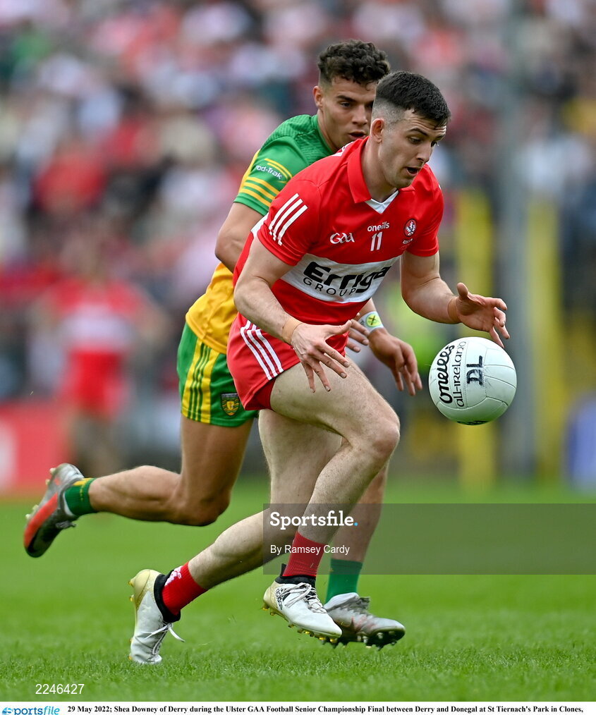 29 May 2022; Shea Downey of Derry during the Ulster GAA Football Senior Championship Final between Derry and Donegal at St Tiernach's Park in Clones, Monaghan. Photo by Ramsey Cardy/Sportsfile