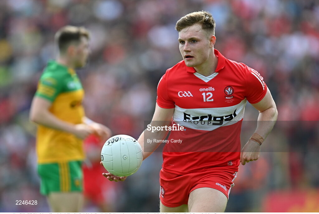 29 May 2022; Ethan Doherty of Derry during the Ulster GAA Football Senior Championship Final between Derry and Donegal at St Tiernach's Park in Clones, Monaghan. Photo by Ramsey Cardy/Sportsfile