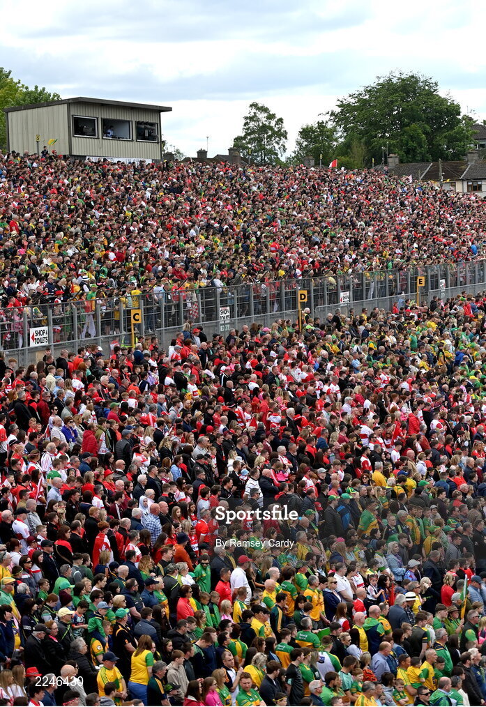 29 May 2022; A general view of supporters in the terrace during the Ulster GAA Football Senior Championship Final between Derry and Donegal at St Tiernach's Park in Clones, Monaghan. Photo by Ramsey Cardy/Sportsfile