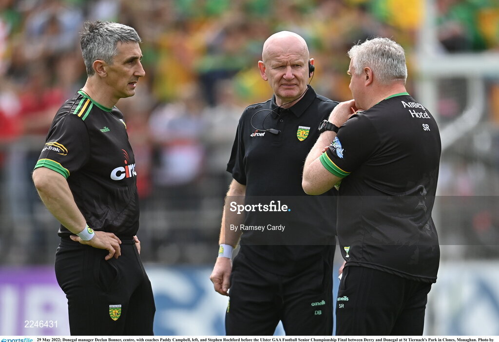 29 May 2022; Donegal manager Declan Bonner, centre, with coaches Paddy Campbell, left, and Stephen Rochford before the Ulster GAA Football Senior Championship Final between Derry and Donegal at St Tiernach's Park in Clones, Monaghan. Photo by Ramsey Cardy/Sportsfile