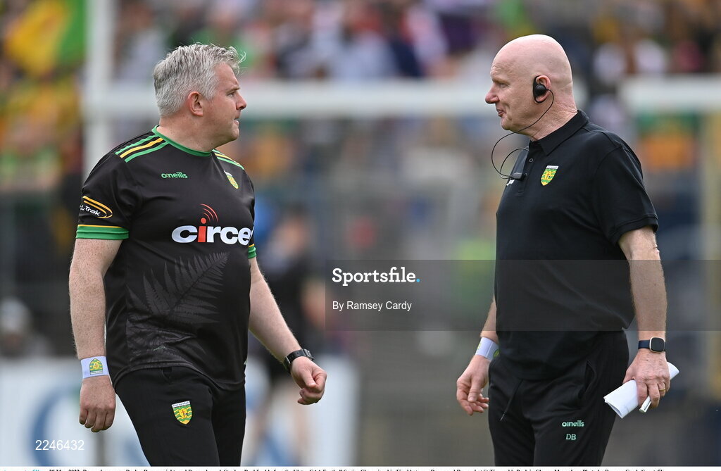 29 May 2022; Donegal manager Declan Bonner, right, and Donegal coach Stephen Rochford before the Ulster GAA Football Senior Championship Final between Derry and Donegal at St Tiernach's Park in Clones, Monaghan. Photo by Ramsey Cardy/Sportsfile