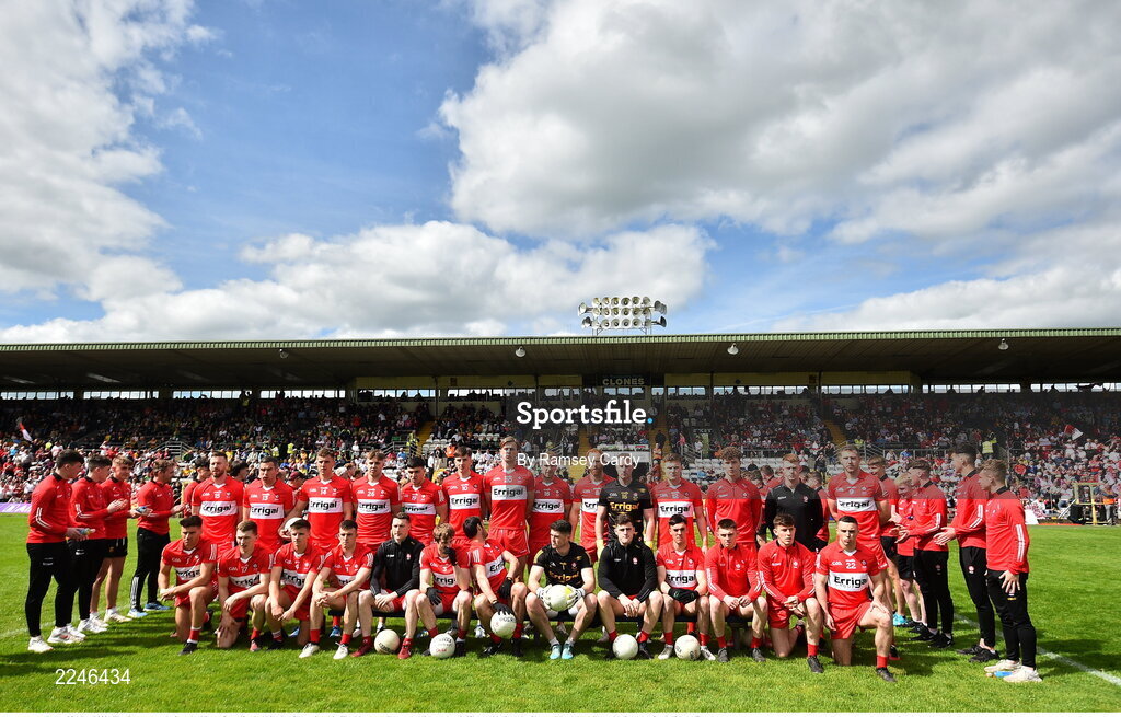 29 May 2022; The Derry team before the Ulster GAA Football Senior Championship Final between Derry and Donegal at St Tiernach's Park in Clones, Monaghan. Photo by Ramsey Cardy/Sportsfile