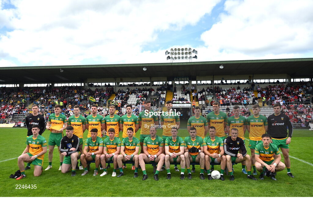 29 May 2022; The Donegal team before the Ulster GAA Football Senior Championship Final between Derry and Donegal at St Tiernach's Park in Clones, Monaghan. Photo by Ramsey Cardy/Sportsfile