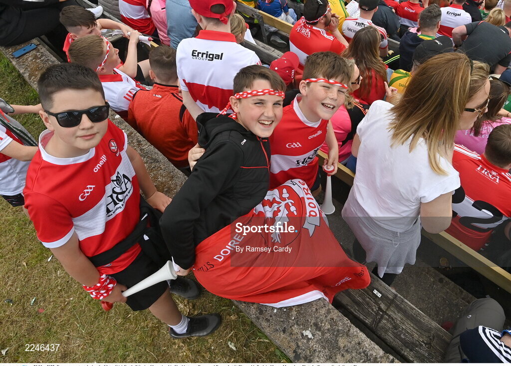 29 May 2022; Derry supporters during the Ulster GAA Football Senior Championship Final between Derry and Donegal at St Tiernach's Park in Clones, Monaghan. Photo by Ramsey Cardy/Sportsfile