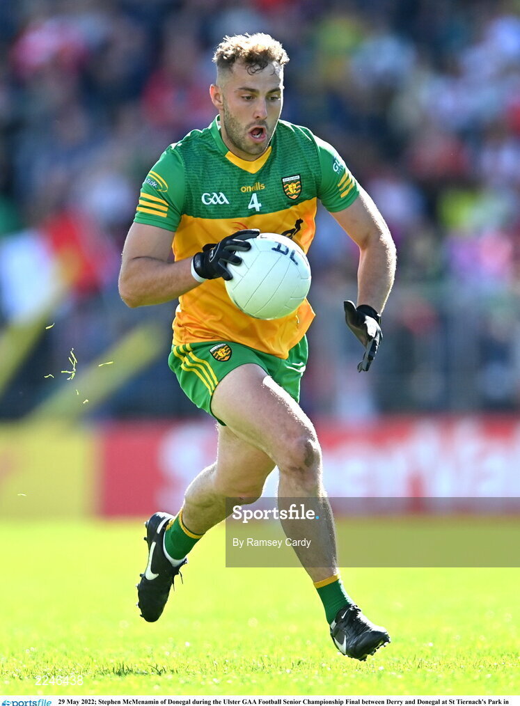 29 May 2022; Stephen McMenamin of Donegal during the Ulster GAA Football Senior Championship Final between Derry and Donegal at St Tiernach's Park in Clones, Monaghan. Photo by Ramsey Cardy/Sportsfile