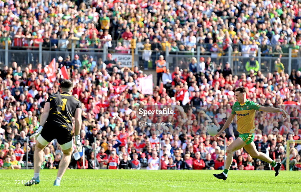 29 May 2022; Jason McGee of Donegal shoots at goal during the Ulster GAA Football Senior Championship Final between Derry and Donegal at St Tiernach's Park in Clones, Monaghan. Photo by Ramsey Cardy/Sportsfile