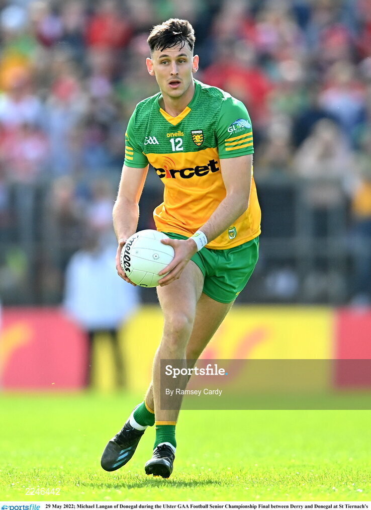 29 May 2022; Michael Langan of Donegal during the Ulster GAA Football Senior Championship Final between Derry and Donegal at St Tiernach's Park in Clones, Monaghan. Photo by Ramsey Cardy/Sportsfile