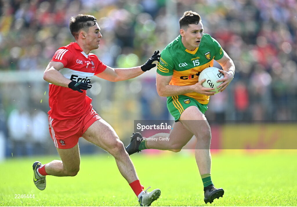 29 May 2022; Jamie Brennan of Donegal in action against Conor McCluskey of Derry during the Ulster GAA Football Senior Championship Final between Derry and Donegal at St Tiernach's Park in Clones, Monaghan. Photo by Ramsey Cardy/Sportsfile