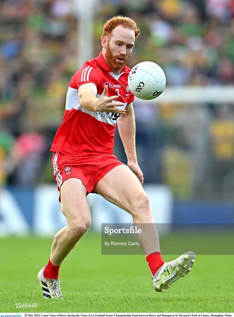 29 May 2022; Conor Glass of Derry during the Ulster GAA Football Senior Championship Final between Derry and Donegal at St Tiernach's Park in Clones, Monaghan. Photo by Ramsey Cardy/Sportsfile