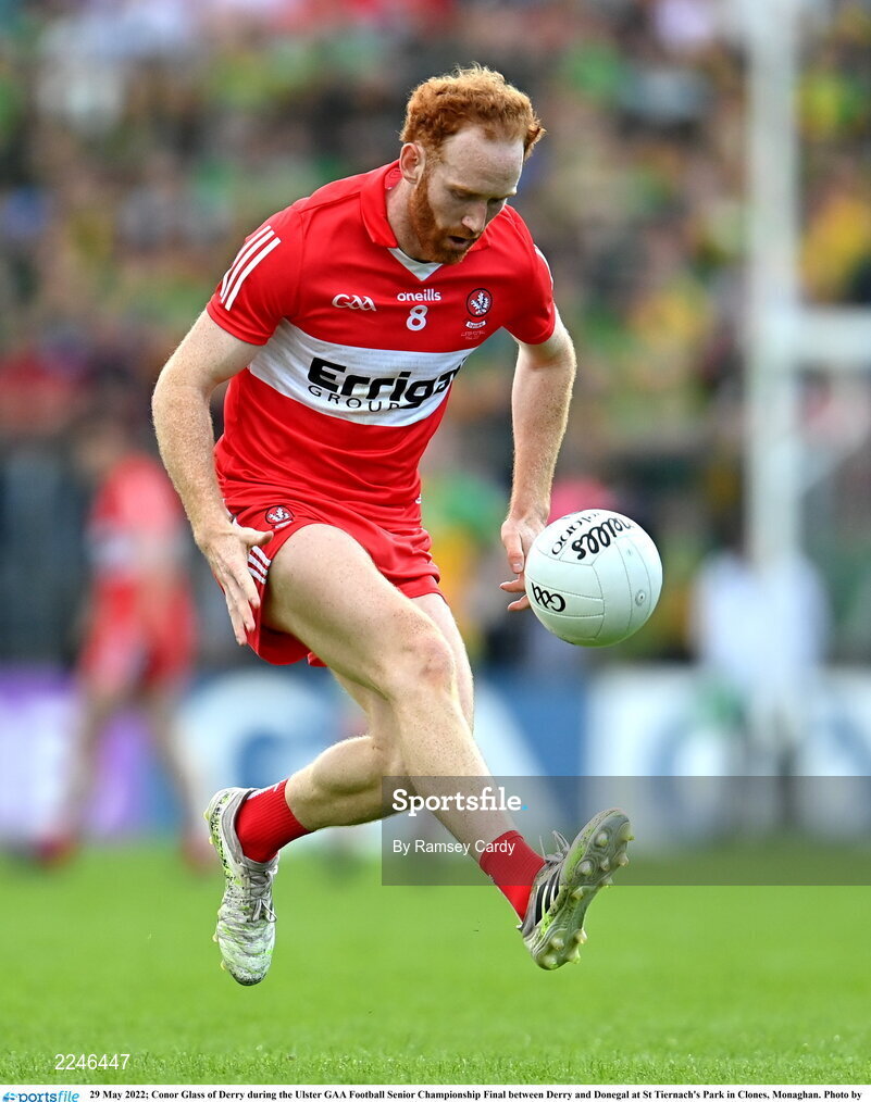29 May 2022; Conor Glass of Derry during the Ulster GAA Football Senior Championship Final between Derry and Donegal at St Tiernach's Park in Clones, Monaghan. Photo by Ramsey Cardy/Sportsfile