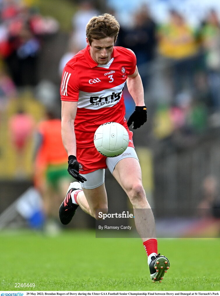 29 May 2022; Brendan Rogers of Derry during the Ulster GAA Football Senior Championship Final between Derry and Donegal at St Tiernach's Park in Clones, Monaghan. Photo by Ramsey Cardy/Sportsfile
